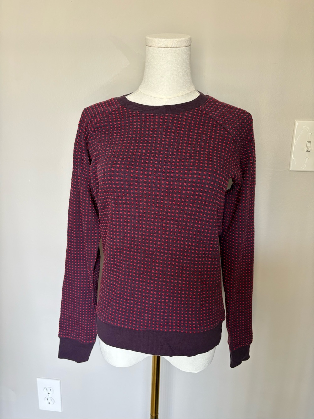 Marine Layer Burgundy Sweater with Red Dot Pattern Crewneck